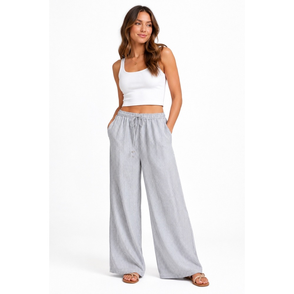 Sienna Sky Gray White Striped Wide Leg Drawstring Cotton Pants Large